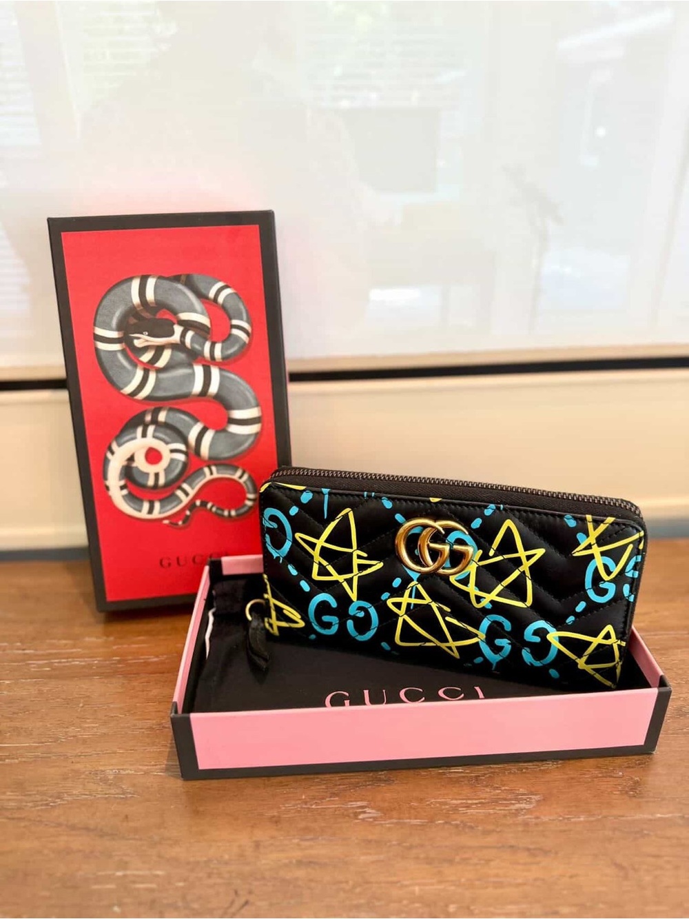 Gucci Black Leather GG Zip Around Wallet with Yellow & Blue Graffiti- Ghost Coll